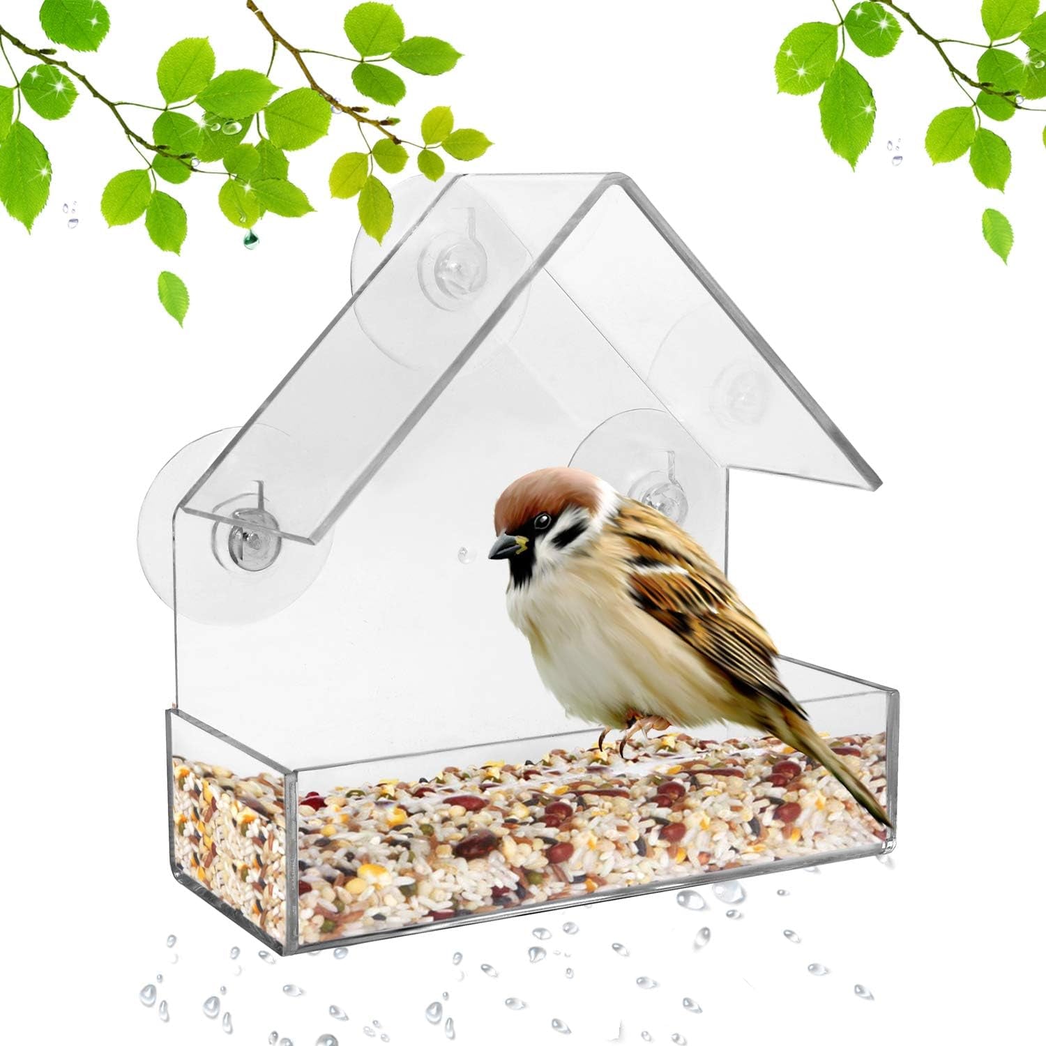 Window Bird Feeder with Strong Suction Cups, Clear Window Suction Bird House for outside Wild Birds Cardinals, Blue Jays, Finches, Chickadees, Nuthatches (Triangle Roof)