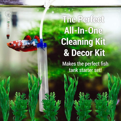 Premium Fish Tank Cleaner/Fish Tank Accessories + Free Plants! - Comes W/Gravel Vacuum for Aquarium, Fish Net, Magnet Brush & Algae Scraper - BPA Free Aquarium Supplies & Aquarium Cleaning Tools