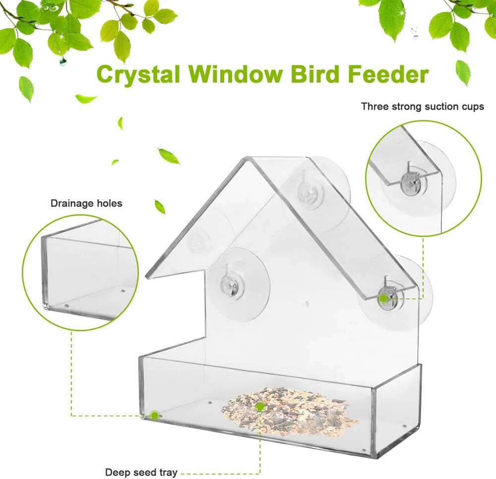 Window Bird Feeder with Strong Suction Cups, Clear Window Suction Bird House for outside Wild Birds Cardinals, Blue Jays, Finches, Chickadees, Nuthatches (Triangle Roof)