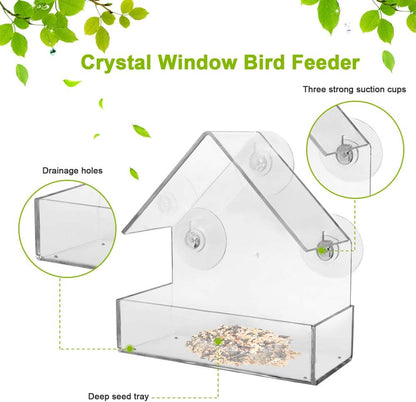 Window Bird Feeder with Strong Suction Cups, Clear Window Suction Bird House for outside Wild Birds Cardinals, Blue Jays, Finches, Chickadees, Nuthatches (Triangle Roof)