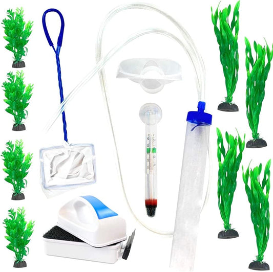 Premium Fish Tank Cleaner/Fish Tank Accessories + Free Plants! - Comes W/Gravel Vacuum for Aquarium, Fish Net, Magnet Brush & Algae Scraper - BPA Free Aquarium Supplies & Aquarium Cleaning Tools