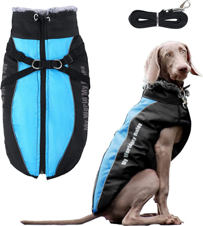 Warm Dog Coats with Harness Attached, Windproof Dog Winter Jacket with Harness, Reflective Winter Jacket for Dogs with Harness, Dog Jacket XL, XL Dog Coats for Winter Blue XL