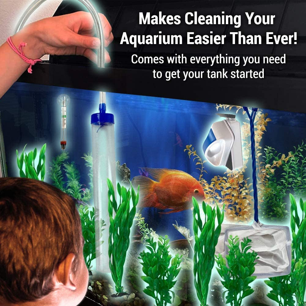 Premium Fish Tank Cleaner/Fish Tank Accessories + Free Plants! - Comes W/Gravel Vacuum for Aquarium, Fish Net, Magnet Brush & Algae Scraper - BPA Free Aquarium Supplies & Aquarium Cleaning Tools