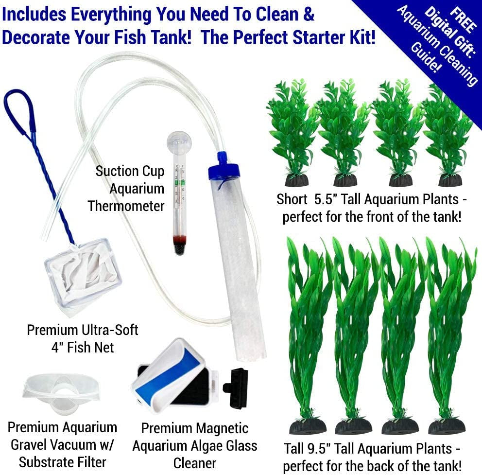 Premium Fish Tank Cleaner/Fish Tank Accessories + Free Plants! - Comes W/Gravel Vacuum for Aquarium, Fish Net, Magnet Brush & Algae Scraper - BPA Free Aquarium Supplies & Aquarium Cleaning Tools