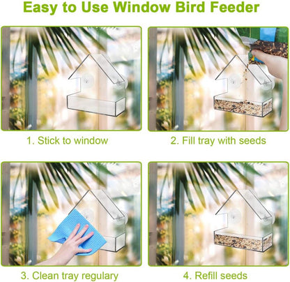 Window Bird Feeder with Strong Suction Cups, Clear Window Suction Bird House for outside Wild Birds Cardinals, Blue Jays, Finches, Chickadees, Nuthatches (Triangle Roof)