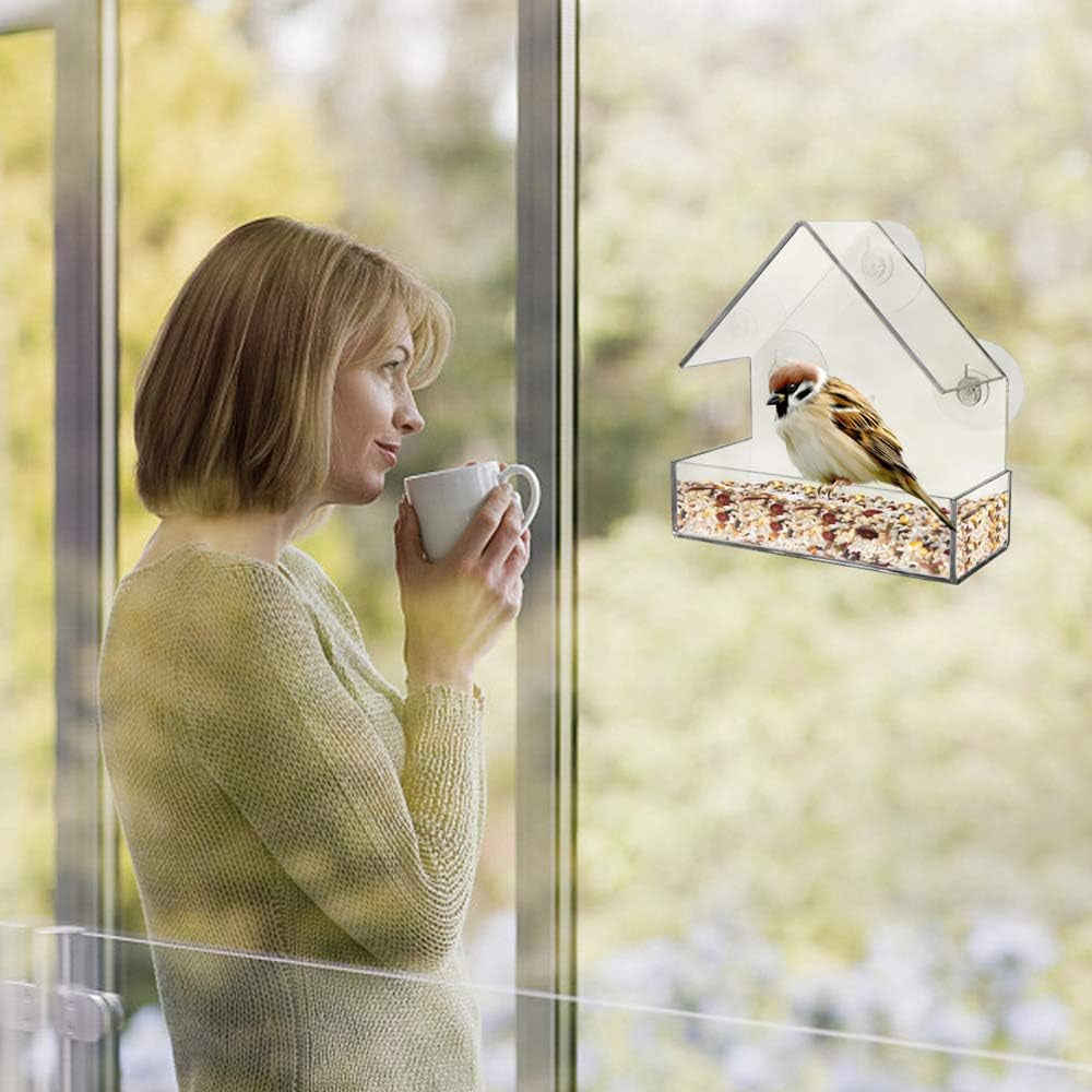 Window Bird Feeder with Strong Suction Cups, Clear Window Suction Bird House for outside Wild Birds Cardinals, Blue Jays, Finches, Chickadees, Nuthatches (Triangle Roof)