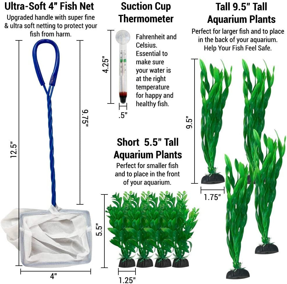 Premium Fish Tank Cleaner/Fish Tank Accessories + Free Plants! - Comes W/Gravel Vacuum for Aquarium, Fish Net, Magnet Brush & Algae Scraper - BPA Free Aquarium Supplies & Aquarium Cleaning Tools